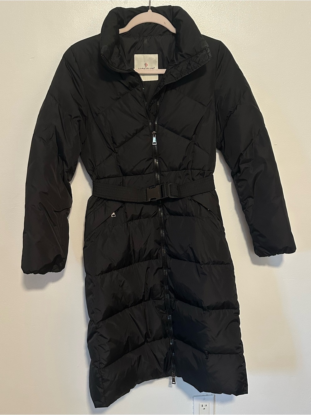 Moncler long black puffer with belt size xs/s